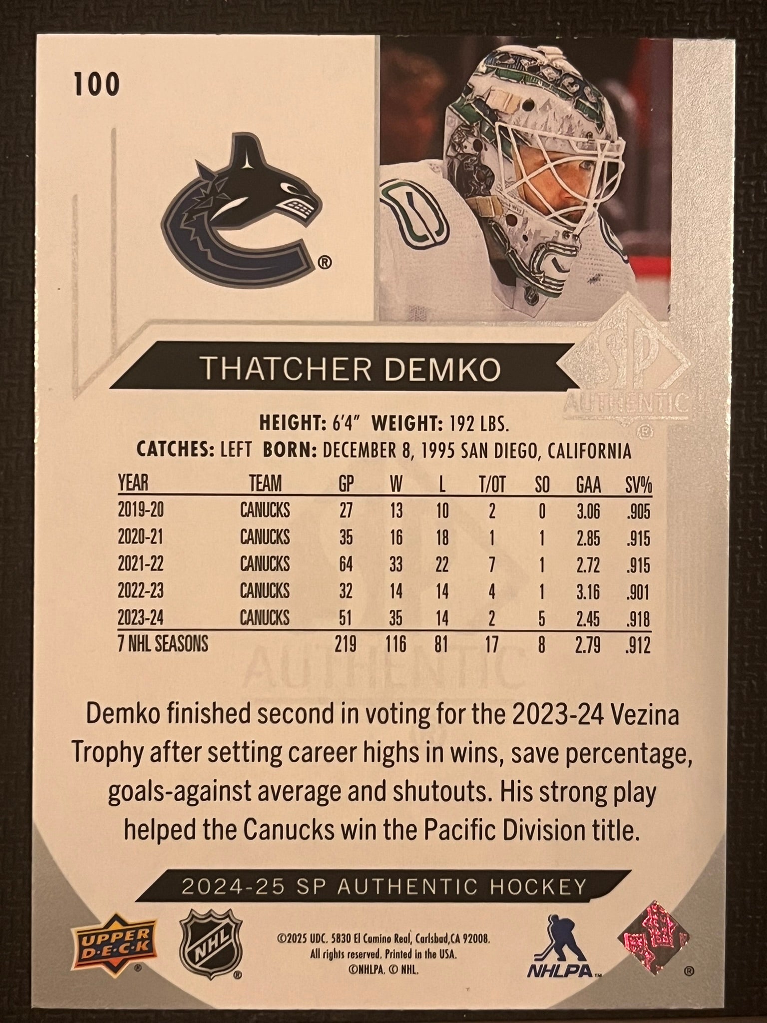 2024 - 2025 SP Authentic Hockey #100 - Thatcher Demko