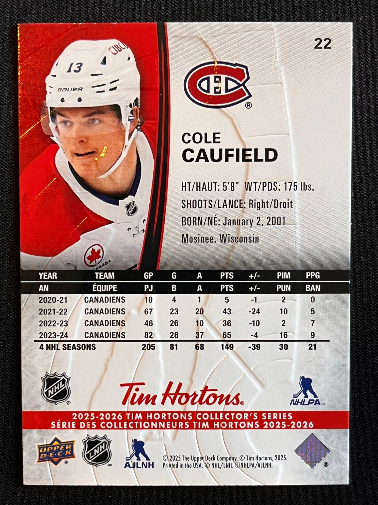 2025 - 2026 Tim Hortons Collector's Series Base #022 - Cole Caufield