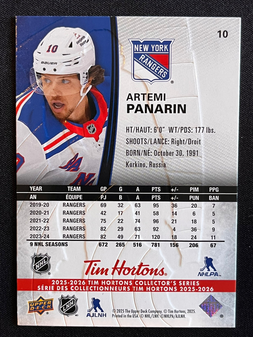 2025 - 2026 Tim Hortons Collector's Series Base #010 - Artemi Panarin