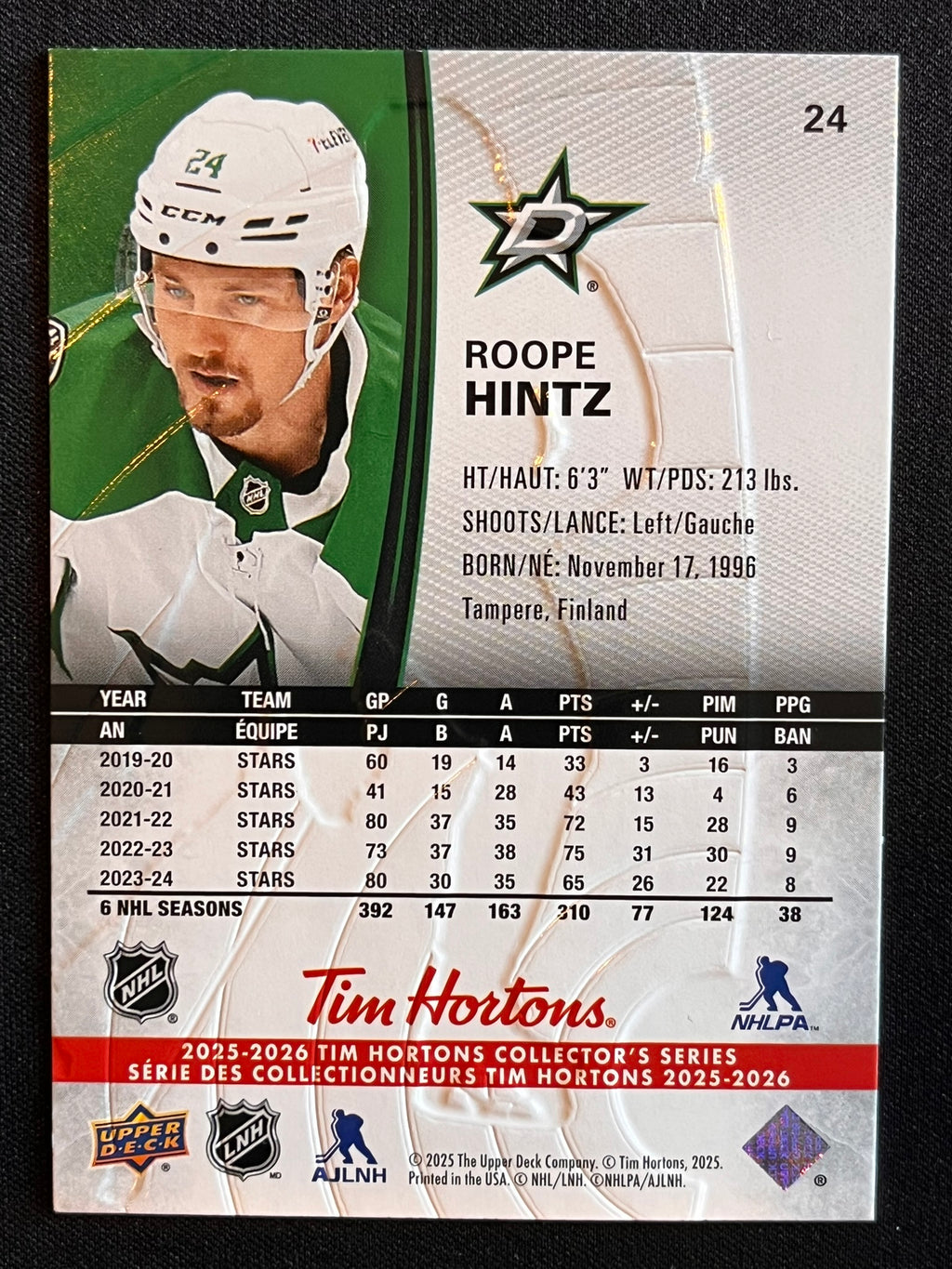 2025 - 2026 Tim Hortons Collector's Series Base #024 - Roope Hintz