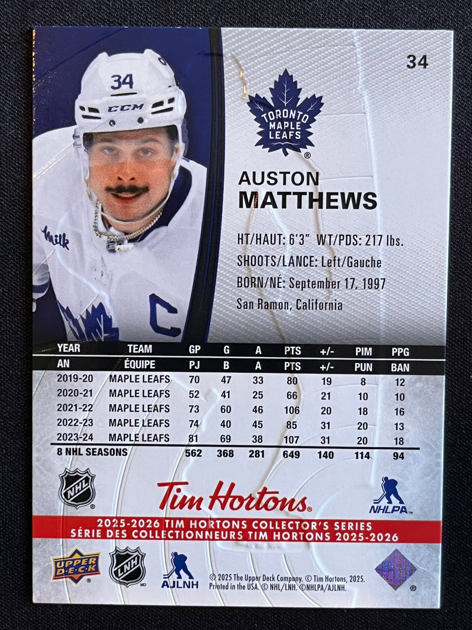 2025 - 2026 Tim Hortons Collector's Series Base #034 - Auston Matthews