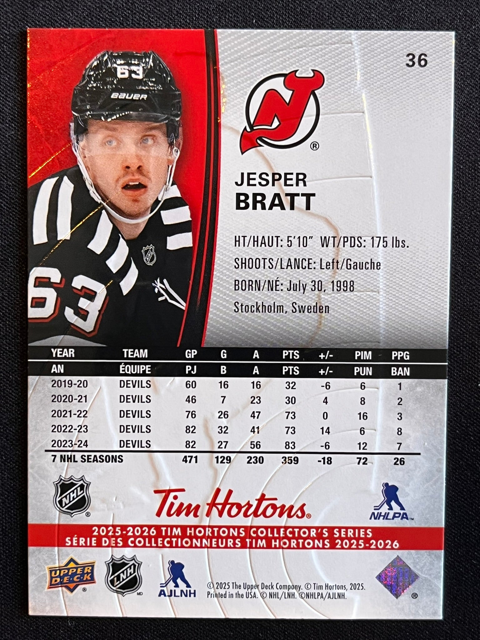 2025 - 2026 Tim Hortons Collector's Series Base #036 - Jesper Bratt