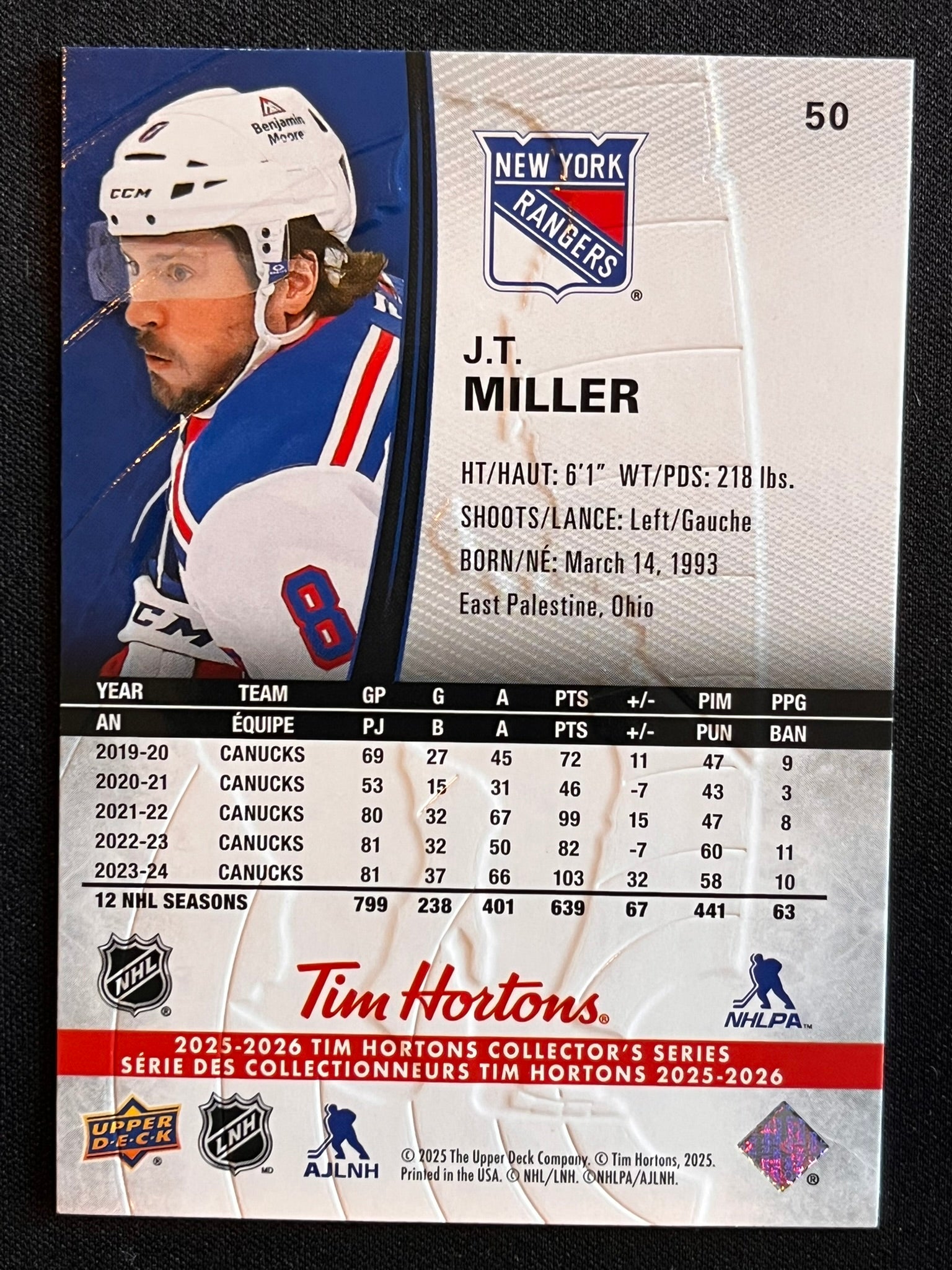 2025 - 2026 Tim Hortons Collector's Series Base #050 - J.T. Miller