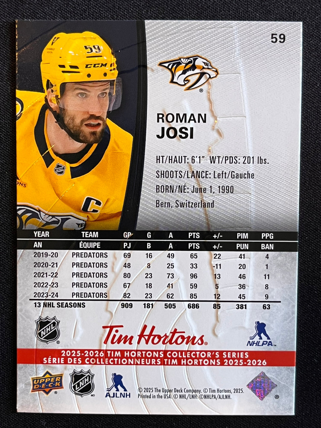 2025 - 2026 Tim Hortons Collector's Series Base #059 - Roman Josi