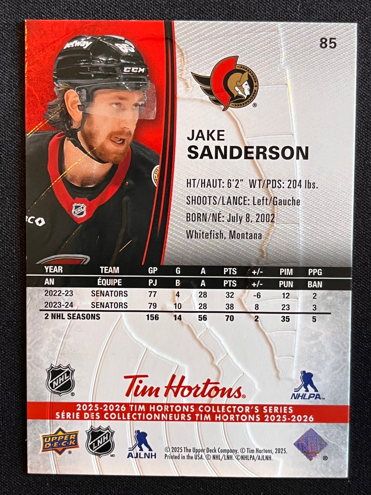 2025 - 2026 Tim Hortons Collector's Series Base #085 - Jake Sanderson