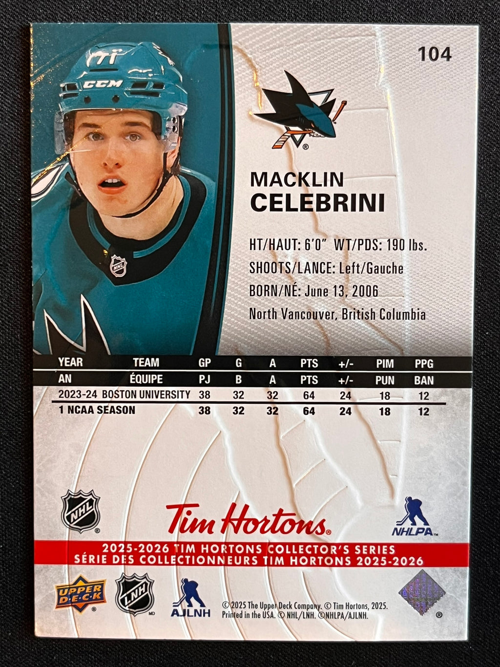 2025 - 2026 Tim Hortons Collector's Series Base #104 - Macklin Celebrini