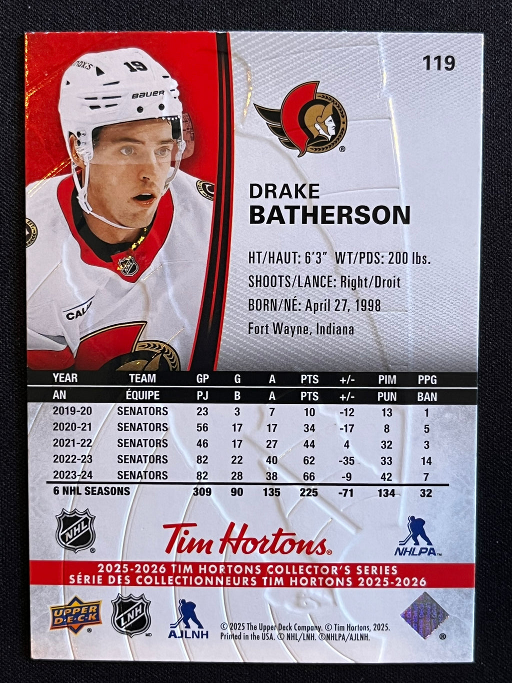2025 - 2026 Tim Hortons Collector's Series Base #119 - Drake Batherson