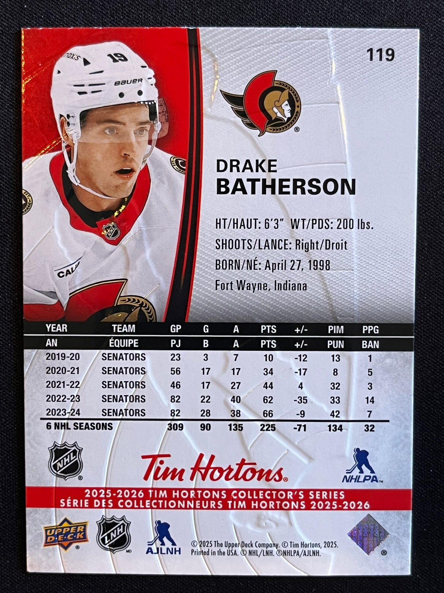 2025 - 2026 Tim Hortons Collector's Series Base #119 - Drake Batherson