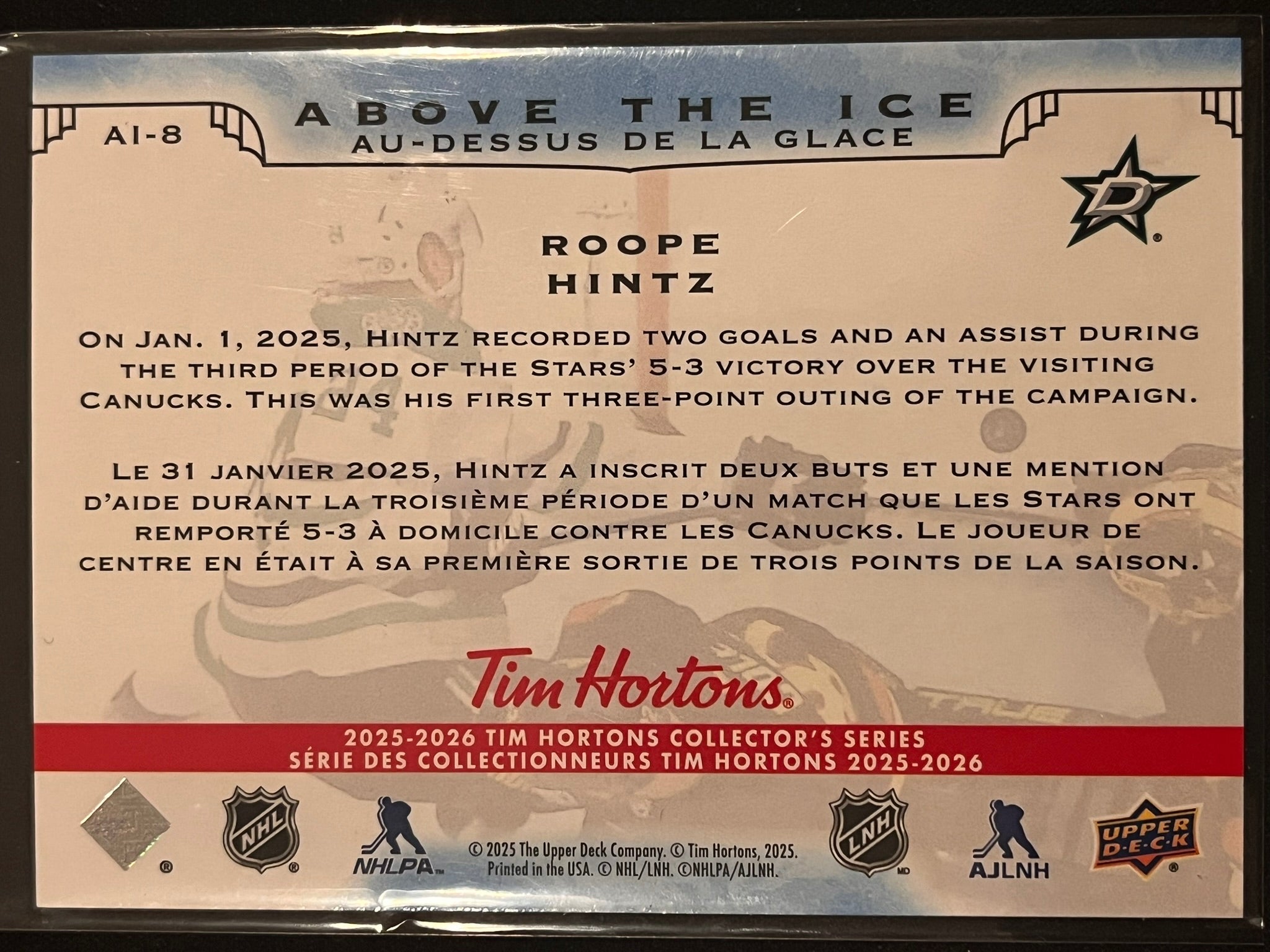 2025 - 2026 Tim Hortons Collector's Series #AI-08 - Roope Hintz