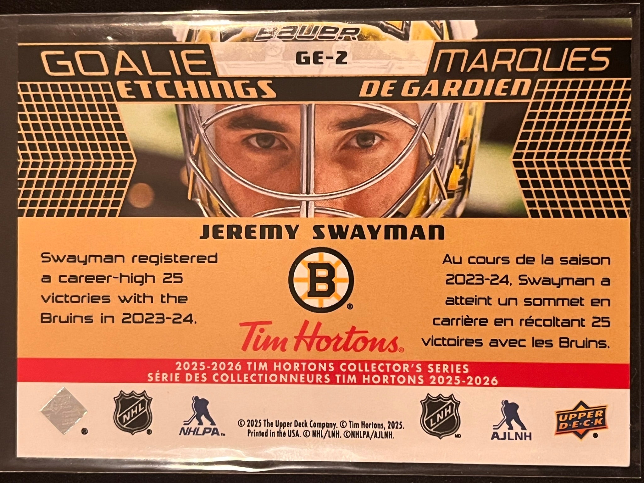 2025 - 2026 Tim Hortons Collector's Series #GE-02 - Jeremy Swayman