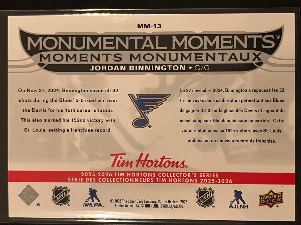 2025 - 2026 Tim Hortons Collector's Series #MM-13 - Jordan Binnington